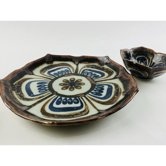 Set 2 Tonala Pottery 10" Lotus Plate Platter & Bowl El Palomar Mexico Signed Flo - Picture 2 of 15
